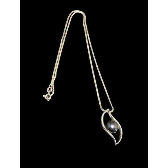 925 Sterling Silver Modernist Midnight Purple Pearl Pendant Chain Necklace - Picture 2 of 5